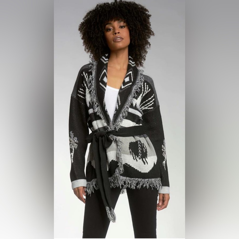 Anthropologie ELAN Printed Sweater Cardigan w/ Belt